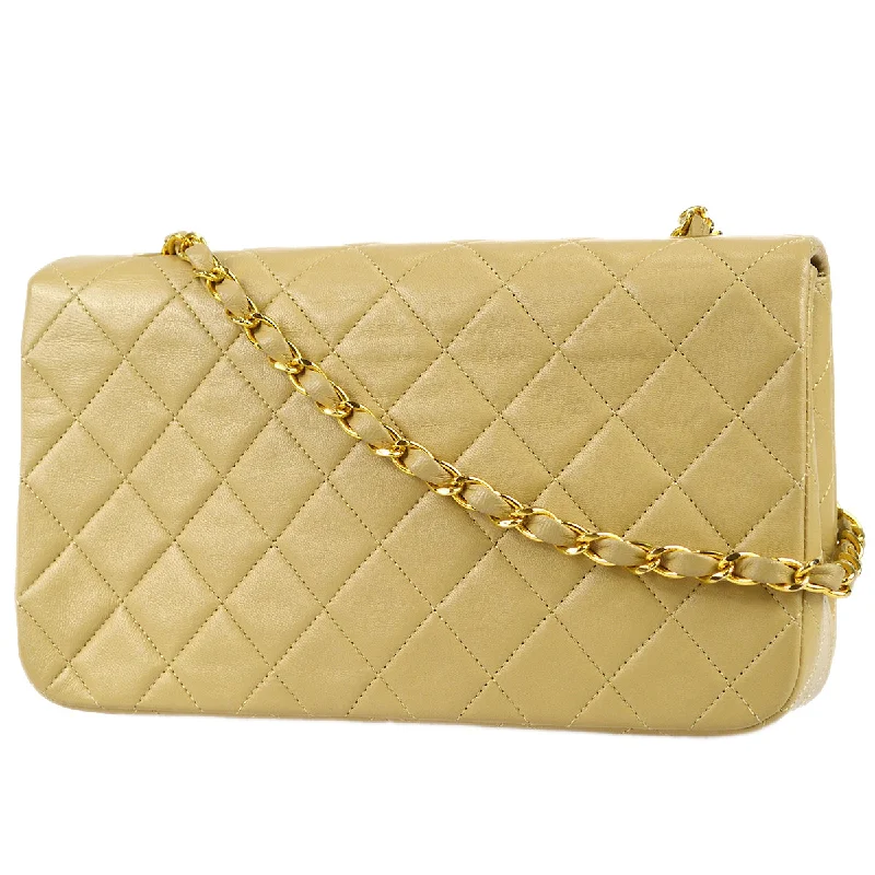 Chanel 1989-1991 Full Flap Chain Shoulder Bag Beige Lambskin