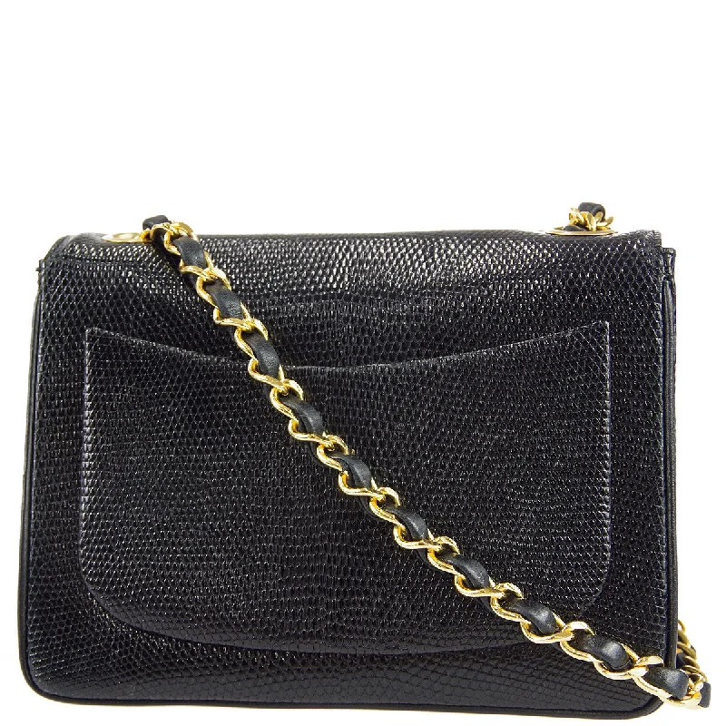 Chanel * Classic Flap Mini Square Chain Shoulder Bag Black Lizard