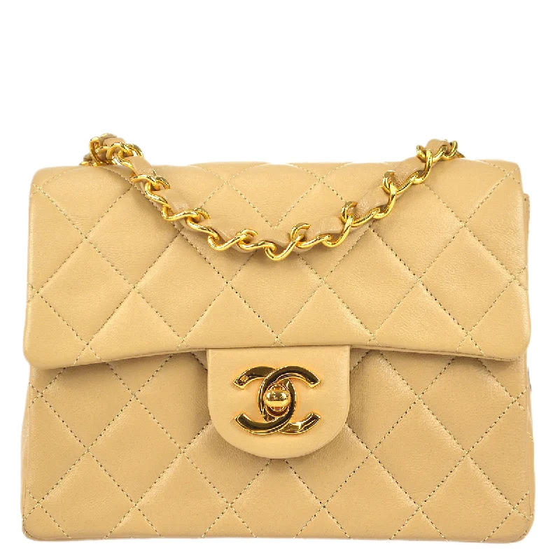 Chanel * Classic Flap Mini Square Chain Shoulder Bag Beige Lambskin