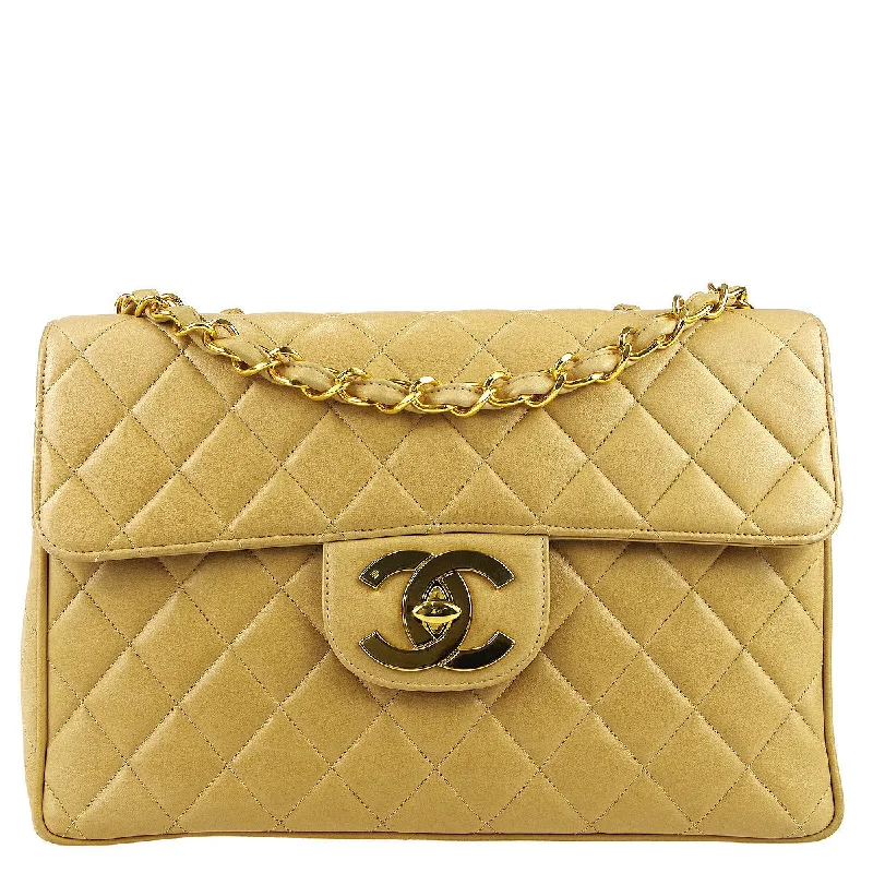 Chanel * Classic Flap Jumbo Double Chain Shoulder Bag Beige Lambskin