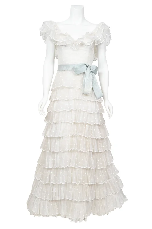 1975 Chanel Haute Couture White Dotted Organza Off-Shoulder Tiered Ruffle Gown