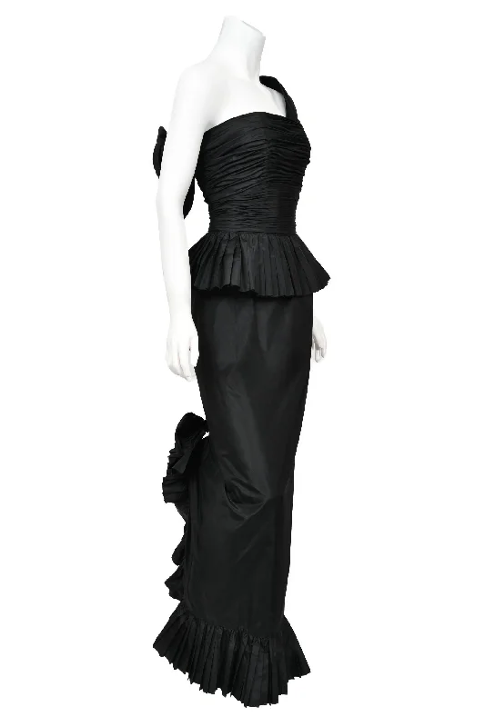 1986 Chanel Documented Runway Black Pleated Silk One-Shoulder Hourglass Gown