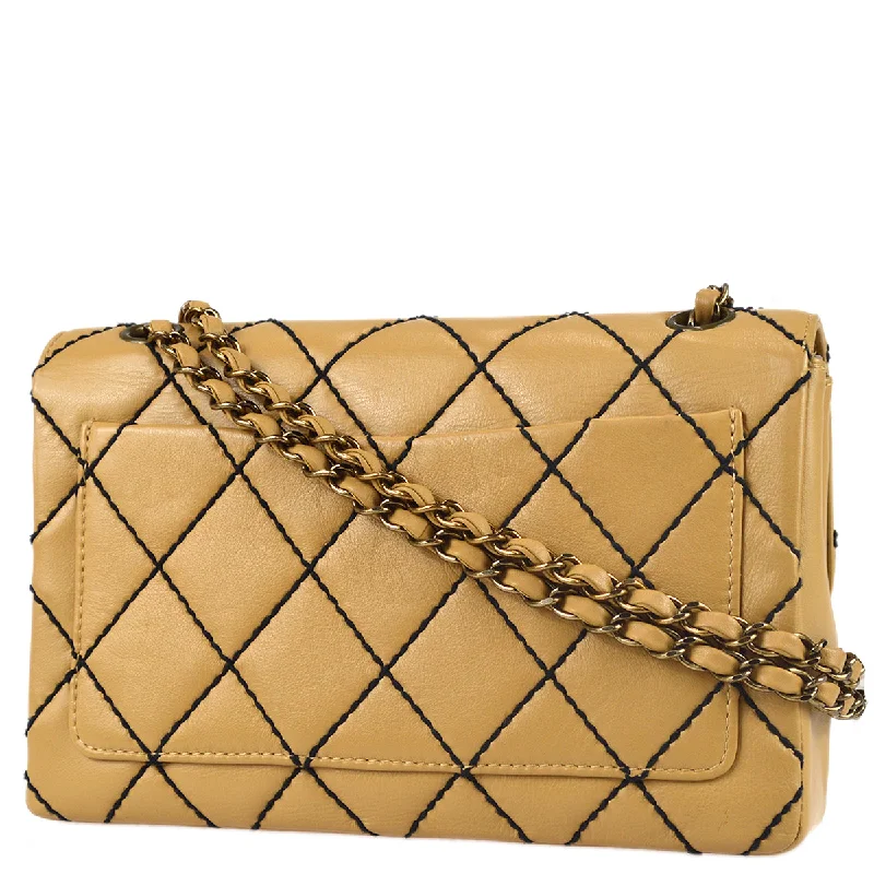 Chanel Beige Calfskin Wild Stitch Straight Flap Bag