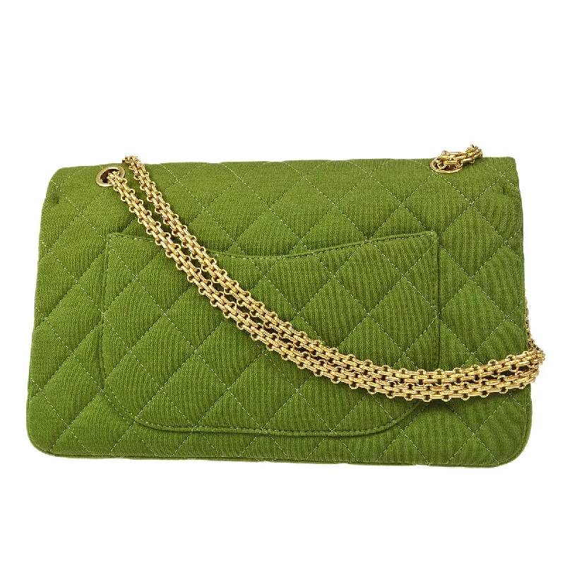 CHANEL 2.55 Line Double Flap Shoulder Bag Green Cotton