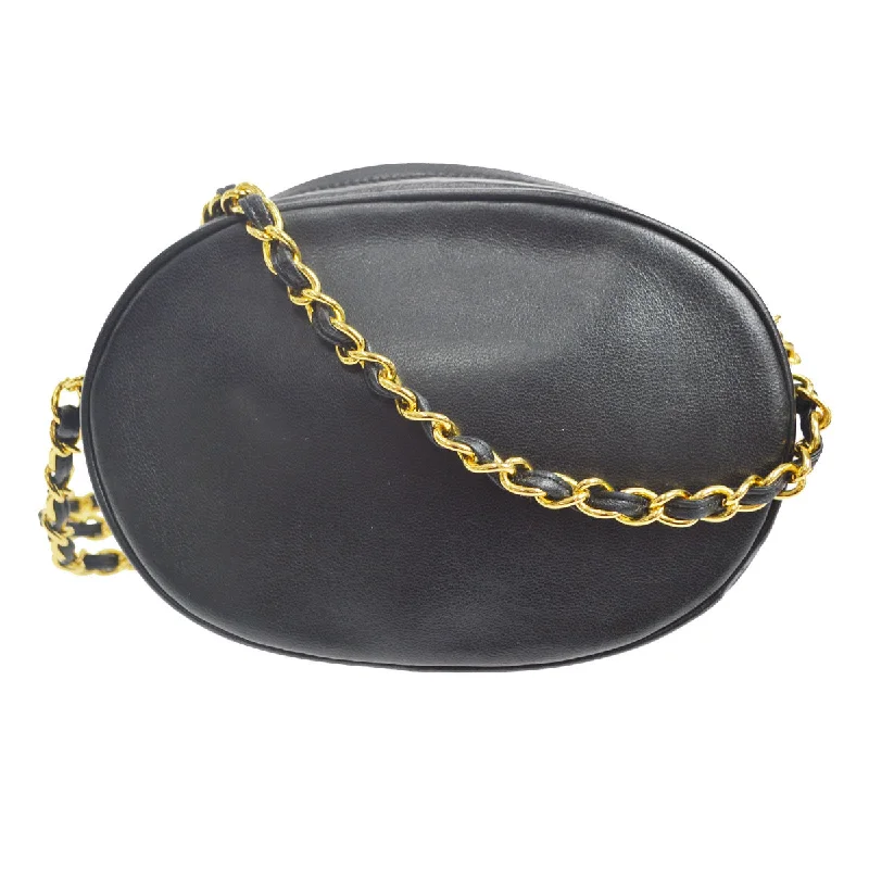 CHANEL 1989-1991 Oval Shoulder Bag Black Lambskin