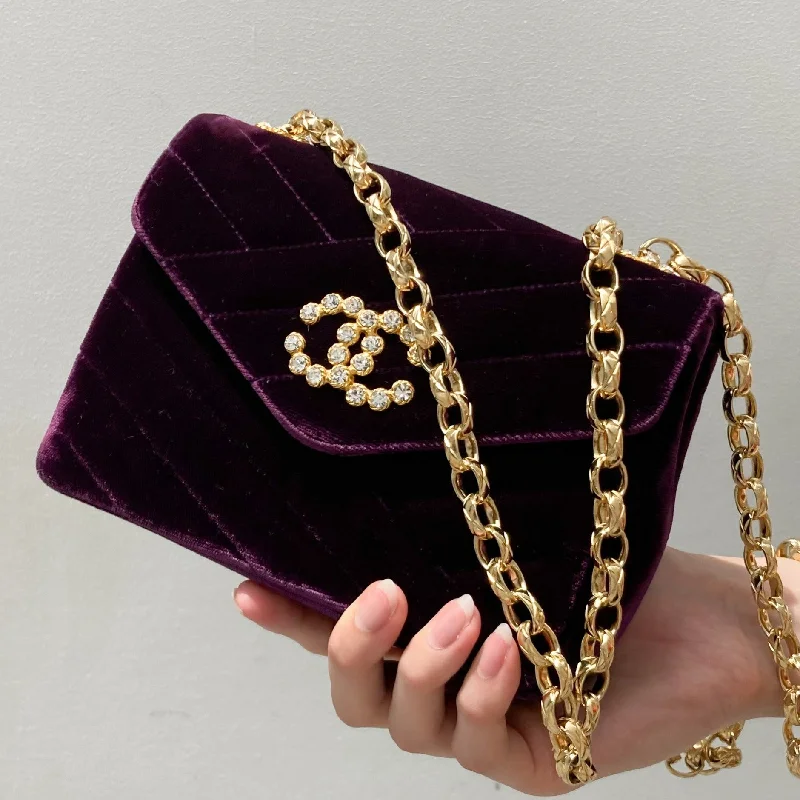 CHANEL * 1991-1994 Purple Velvet Rhinestone CC Diagonal Letter Flap Bag