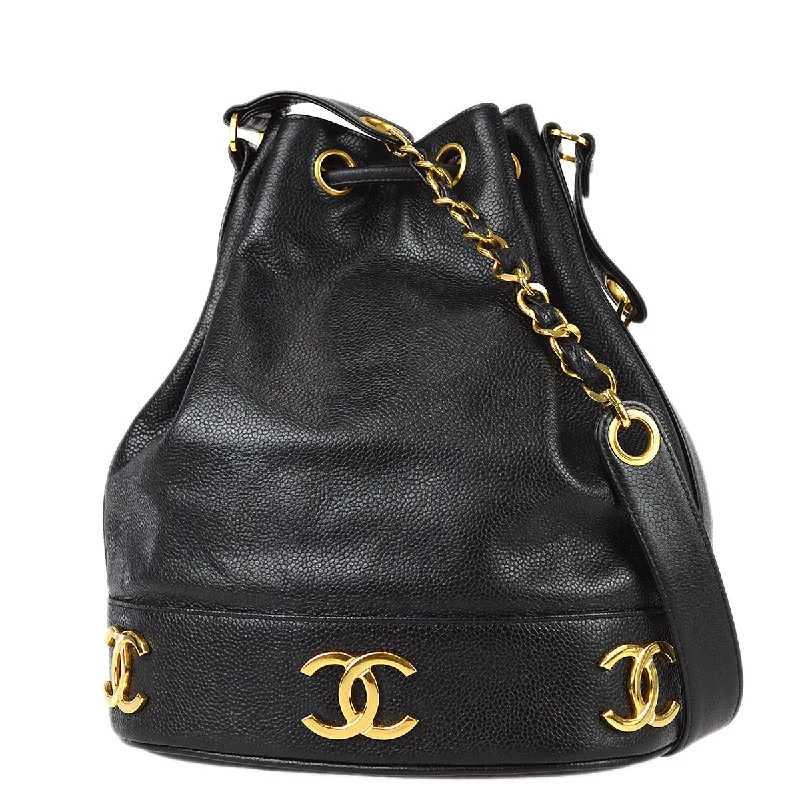 Chanel 1991-1994 Triple CC Bucket Shoulder Bag Black Caviar