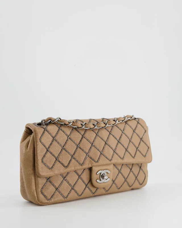 Chanel Beige East West Single Flap Bag in Lambskin Leather with Silver Quilted Chain Detail