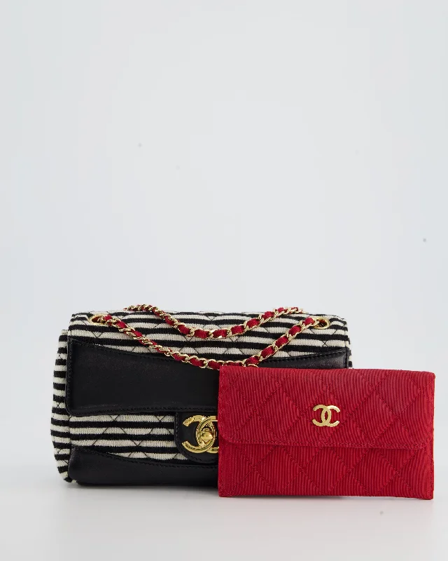 Chanel Black and White Mini Rectangular Jersey Single Flap Bag with Red Chain Detail and Gold Hardware