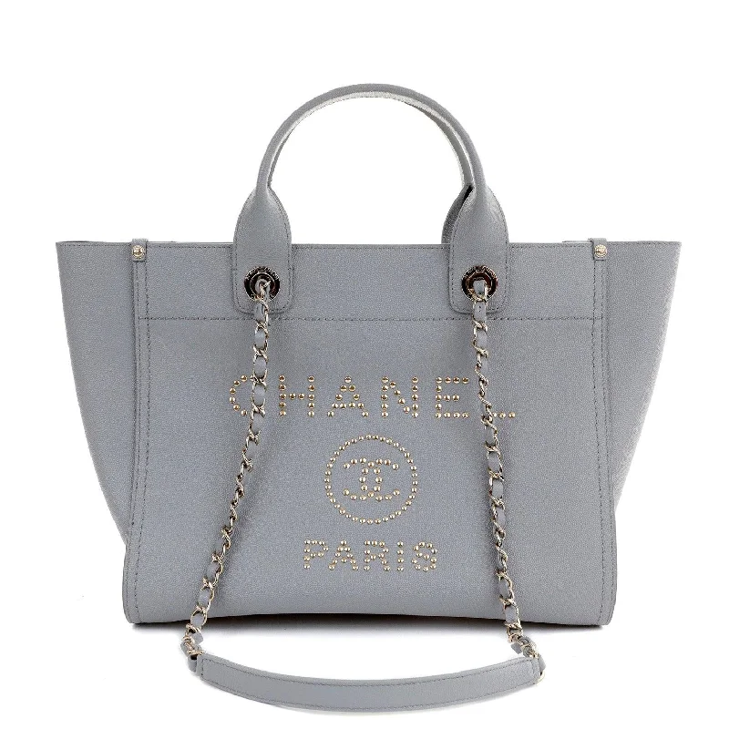 Chanel Grey Caviar Deauville Studded Tote with Silver Hardware