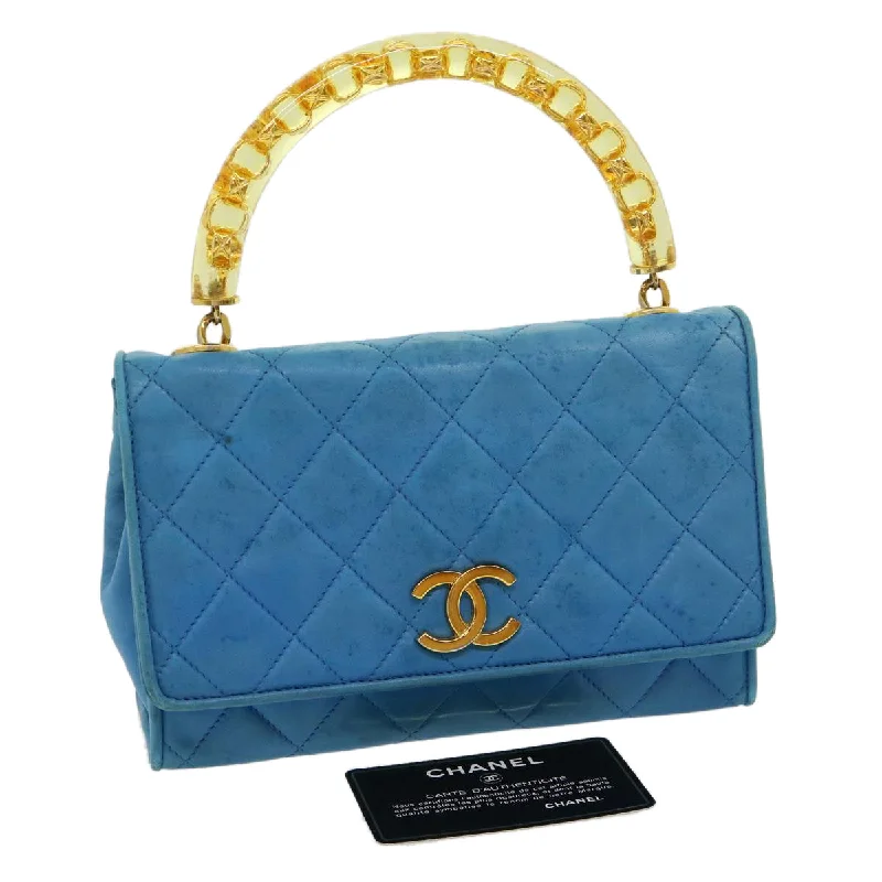 CHANEL Hand Bag Lamb Skin Blue CC  hk455A