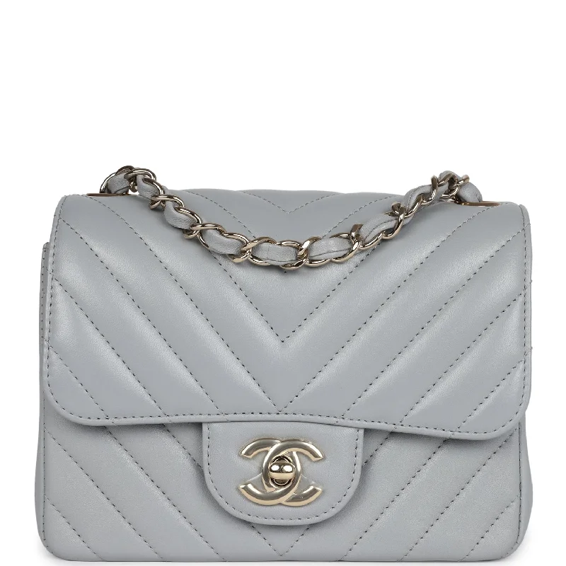 Chanel Mini Chevron Square Flap Bag Light Grey Lambskin Light Gold Hardware