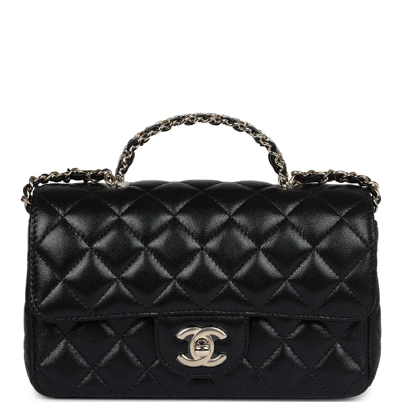 Chanel Mini Rectangular Crystal Top Handle Flap Bag Black Lambskin Light Gold Hardware