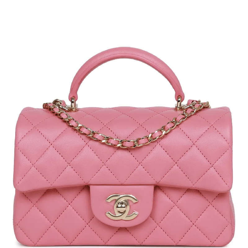 Chanel Mini Rectangular Flap Bag with Top Handle Pink Lambskin Light Gold Hardware