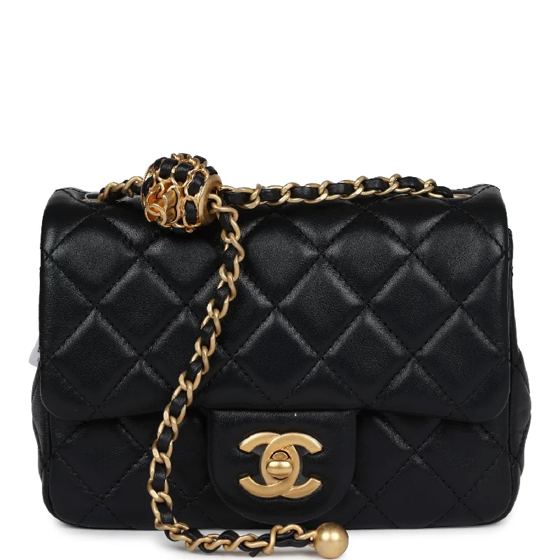 Chanel Mini Square Pearl Crush Flap Bag Black Lambskin Antique Gold Hardware