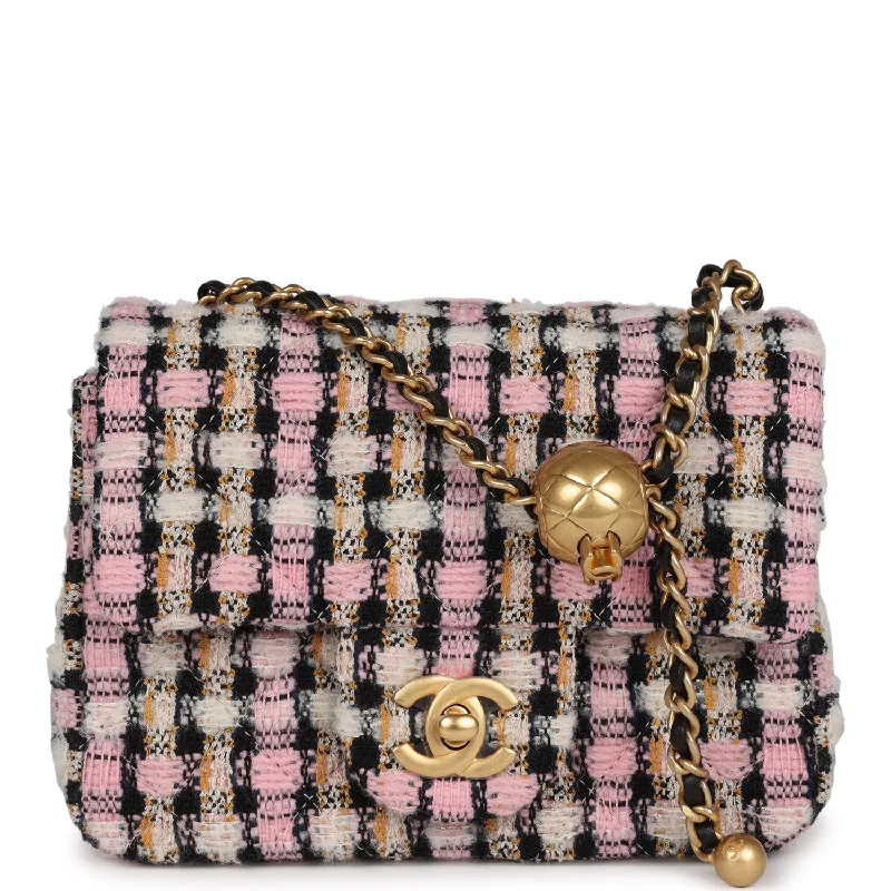 Chanel Pearl Crush Mini Square Flap Bag Pink and Black Tweed Antique Gold Hardware