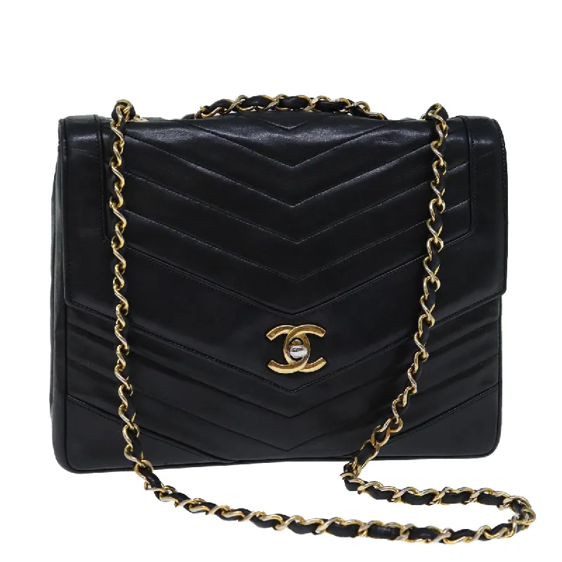 CHANEL Turn Lock Chain V Stitch Hand Bag Lamb Skin Black CC  yk11929A