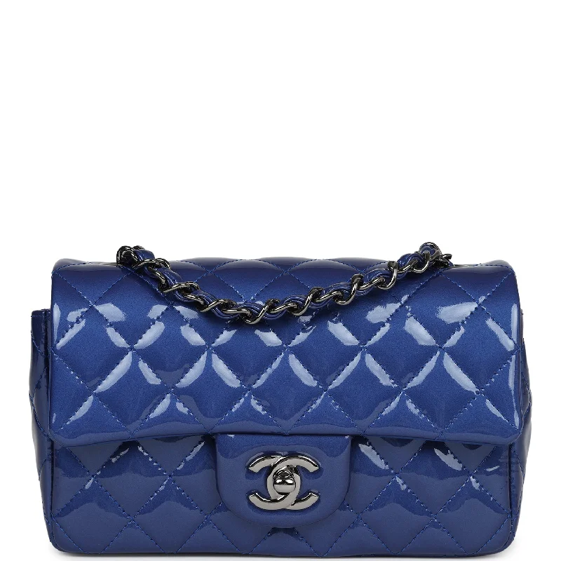 Pre-owned Chanel Mini Rectangular Flap Bag Blue Patent Ruthenium Hardware