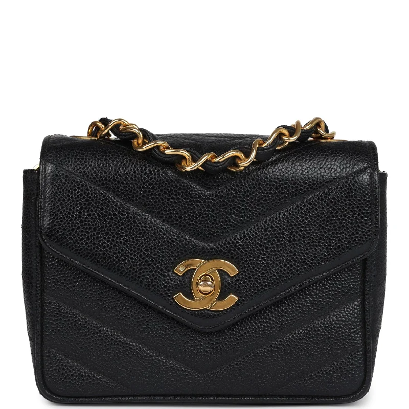 Vintage Chanel Square Chevron Envelope Flap Bag Black Caviar Gold Hardware