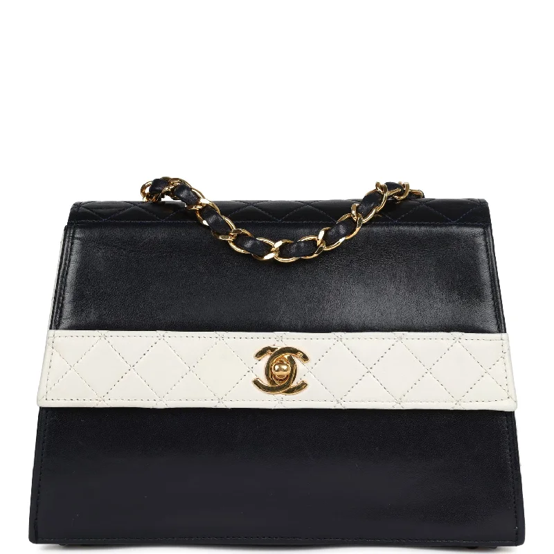 Vintage Chanel Trapezoid Flap Bag Navy and White Lambskin Gold Hardware