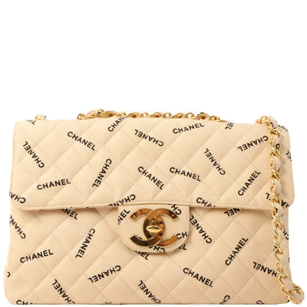 Chanel Around 1995 Made Canvas Logo Print Classic Flap Chain Bag Maxi Beige